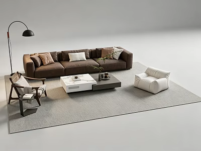 Brown Sofa and White Coffee Table Set with Pillows Floor Lamp Armchair Gray Rug 3d model