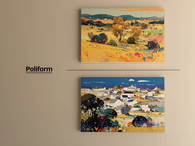 Vibrant Rural Landscape Oil Paintings With Fields Trees And Village Scenery 3d model