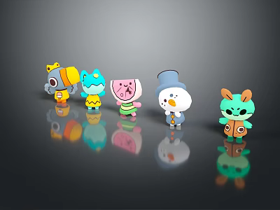 Cartoon Game And Movie Characters With Various Colors Unique Designs Arranged On Reflective Background 3d model