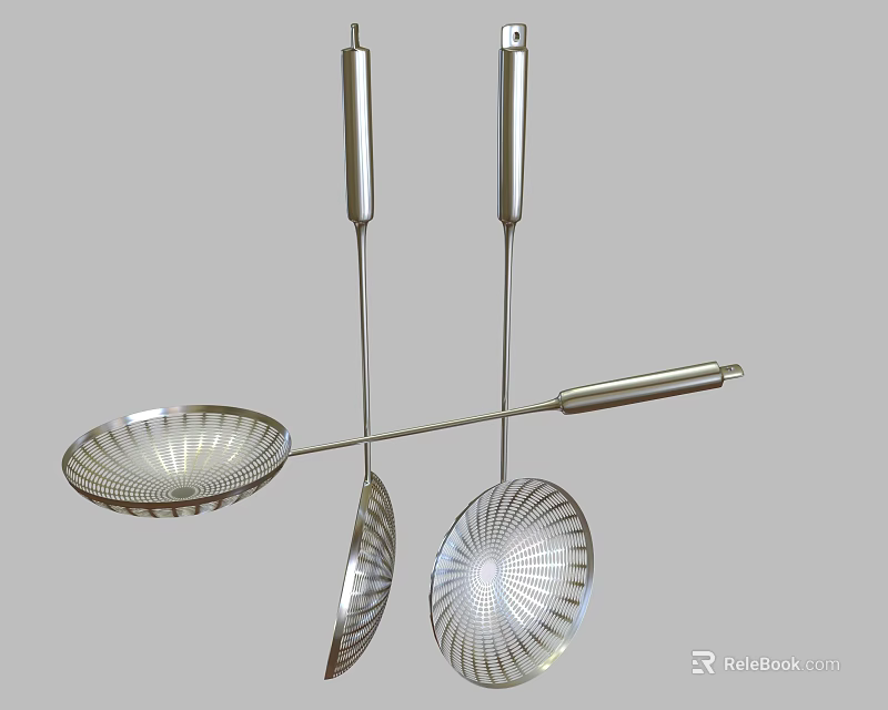 Modern Stainless Steel Kitchen Utensils With Shiny Handles Slotted Spoons And Ladle 3d model 
