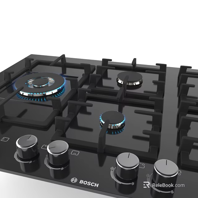 Modern Black Gas Cooktop Kitchen Appliance With Multiple Burners Blue Flames And Control Knobs 3d model 