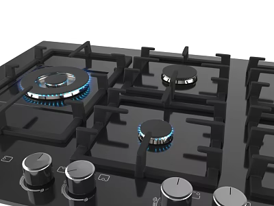 Modern Black Gas Cooktop Kitchen Appliance With Multiple Burners Blue Flames And Control Knobs 3d model