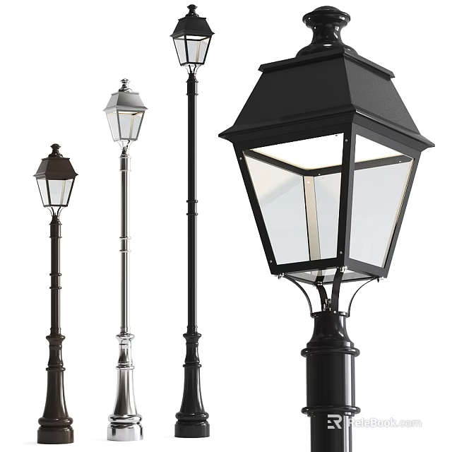 Stylish Lanterns In Various Colors And Designs On Decorative Lamp Posts 3d model 
