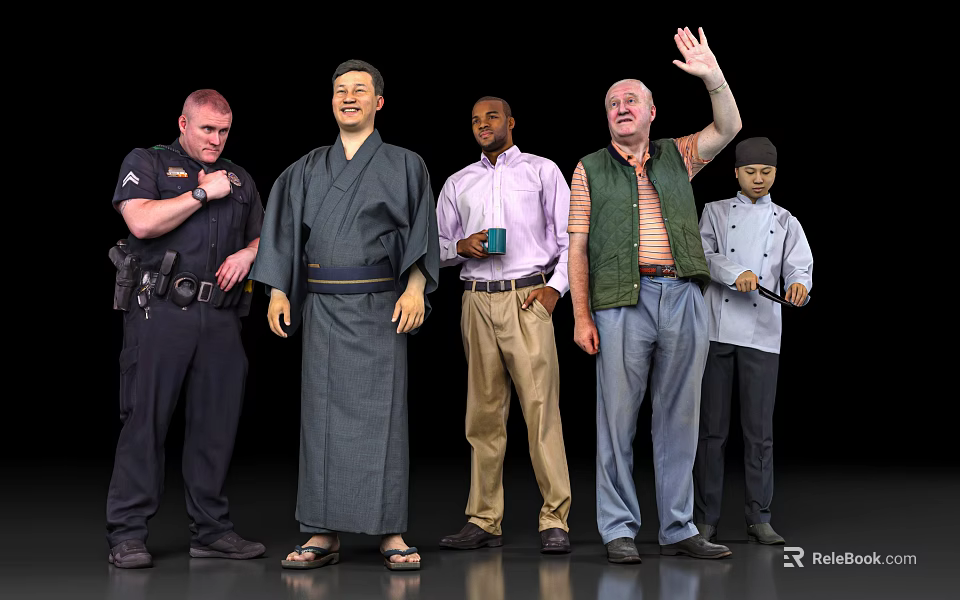 Multiple People Figures in Various Costumes Including Police Officer Chef and Traditional Outfit Standing Together 3d model 