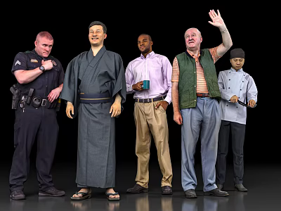Multiple People Figures in Various Costumes Including Police Officer Chef and Traditional Outfit Standing Together 3d model