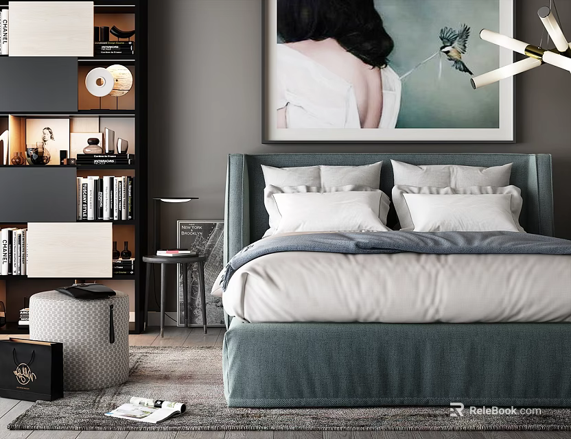 Elegant Modern Bedroom Interior With Blue Bed White Pillows Wall Artwork Pendant Light And Bookshelf 3d model 