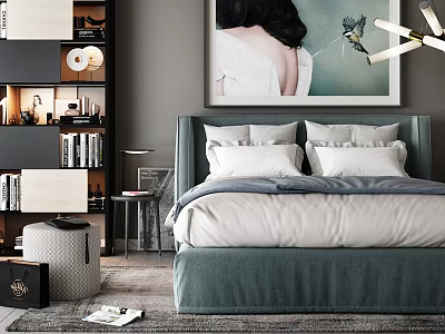 Elegant Modern Bedroom Interior With Blue Bed White Pillows Wall Artwork Pendant Light And Bookshelf 3d model