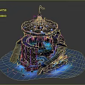 Ornate Circular Carousel Building With Blue Illuminated Lights Staircases And Decorative Top