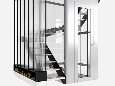 Modern Staircase With Glass Railing Black Metal Frame And White Steps 3d model