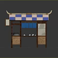 Traditional Wooden Pavilion Structure With Blue White Checkered Roof And Display Counter