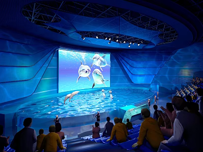 Indoor Amusement Park Dolphin Show With Pool Performance Audience Watching Blue Lighting 3d model