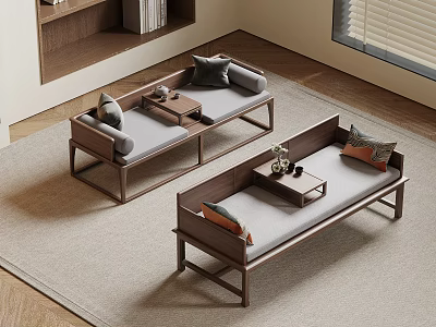Modern Living Room Featuring Two Wooden Frame Sofas Gray Cushions Coffee Tables Bookshelf And Window Blinds 3d model