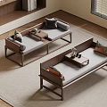 Modern Living Room Featuring Two Wooden Frame Sofas Gray Cushions Coffee Tables Bookshelf And Window Blinds