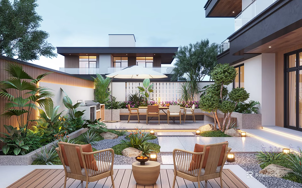 Beautiful Courtyard Garden With Wooden Chairs Outdoor Dining Area Lush Plants And Soft Lighting 3d model 
