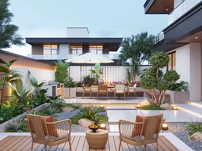 Beautiful Courtyard Garden With Wooden Chairs Outdoor Dining Area Lush Plants And Soft Lighting 3d model