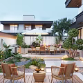 Beautiful Courtyard Garden With Wooden Chairs Outdoor Dining Area Lush Plants And Soft Lighting