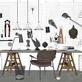 Modern Home Office Desk With Perforated Wall Panel Pendant Lights And Decorative Items