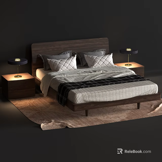 Dark Wooden Double Bed With Gray White Pillows Striped Quilt Nightstands Table Lamps And Rug 3d model 