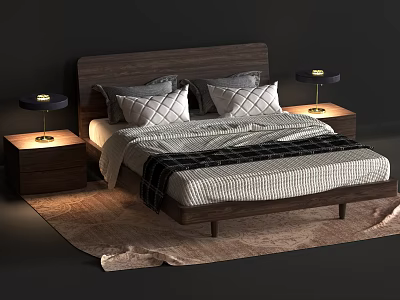 Dark Wooden Double Bed With Gray White Pillows Striped Quilt Nightstands Table Lamps And Rug 3d model
