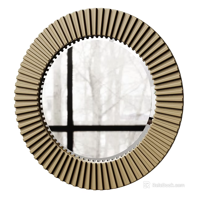 Modern Round Mirror With Ribbed Metallic Frame And Reflected Tree Window View For Interior Design 3d model
