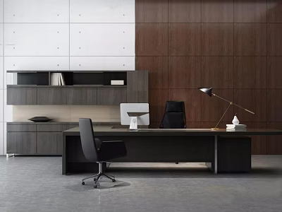 Modern Office Desk With Black Chair Wooden White Walls Bookshelf Computer Monitor And Desk Lamp 3d model