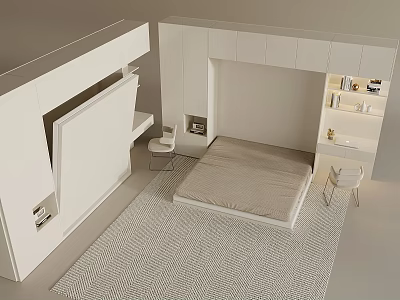 Modern White Bedroom Interior With Built in Furniture Bed Desk And Rug 3d model