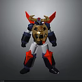 Red Blue And Gold Mecha Robot Character With Golden Horns And Chest Armor