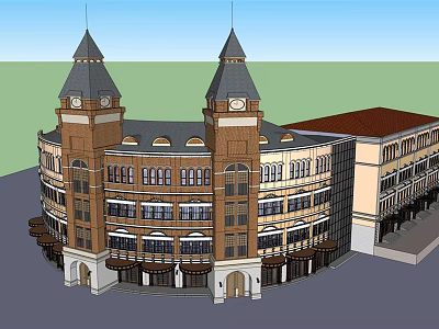 Classic Hotel Building With Twin Clock Towers And Arch Windows Design 3d model