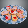 Delicious Appetizer Toast Topped With Ham Cheese Tomato And Olives On Blue White Plate