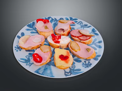 Delicious Appetizer Toast Topped With Ham Cheese Tomato And Olives On Blue White Plate 3d model