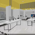 Modern Showroom Interior With White Tables TV Screens Sofa And Yellow Ceiling