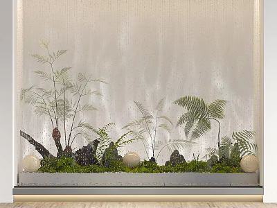 Indoor Water Wall Landscape With Green Ferns Decorative Stones And White Spheres 3d model