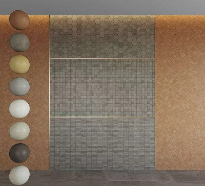 Modern Wall Design With Colorful Circular Decorations Grid Pattern And Textured Material Panels 3d model