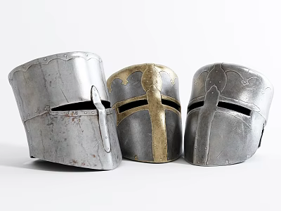 Three Vintage Medieval Knight Helmets with Metal Build and Gold Details 3d model