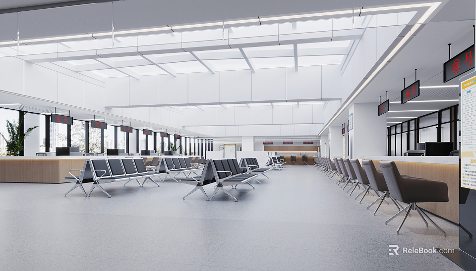 Modern Public Service Hall With Spacious Waiting Area Comfortable Seats And Service Counters 3d model 