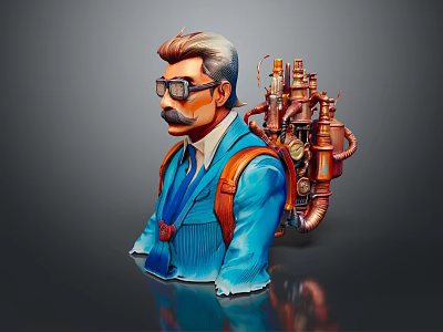 Steampunk Style Male Figure Decorative Collectible with Blue Suit Glasses and Mechanical Devices 3d model