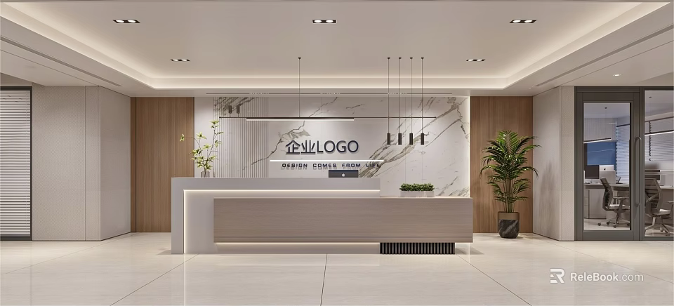 Sleek Modern Corporate Reception Desk With Marble Logo Wall Wood Accents And Elegant Green Plants 3d model 