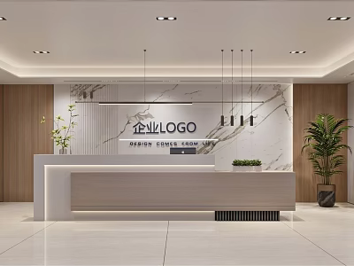 Sleek Modern Corporate Reception Desk With Marble Logo Wall Wood Accents And Elegant Green Plants 3d model