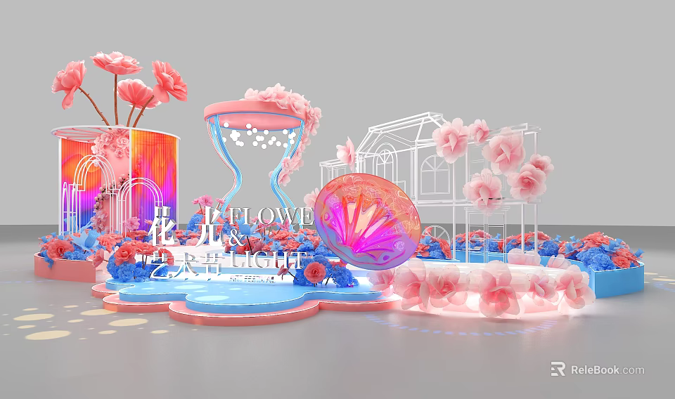 Floral Art Installation With Hourglass Shell Pink Blue Flowers And Greenhouse Structure 3d model 