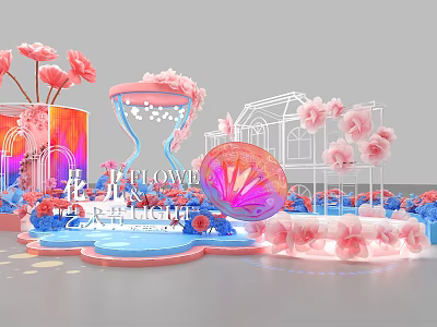 Floral Art Installation With Hourglass Shell Pink Blue Flowers And Greenhouse Structure 3d model