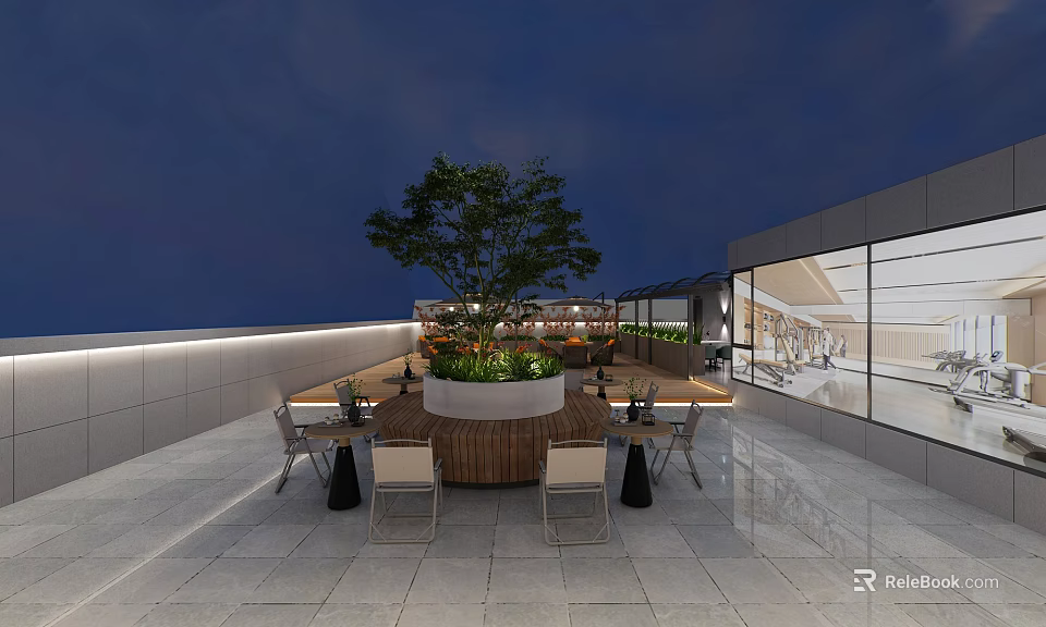 Rooftop Terrace Night View With Large Tree Outdoor Dining Table Chairs And Lighting 3d model 