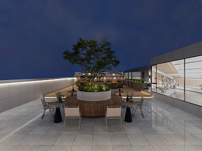 Rooftop Terrace Night View With Large Tree Outdoor Dining Table Chairs And Lighting 3d model
