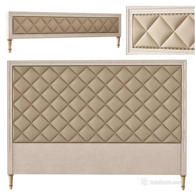Modern Elegant Beige Diamond Tufted Upholstered Headboard With Gold Legs 3d model 