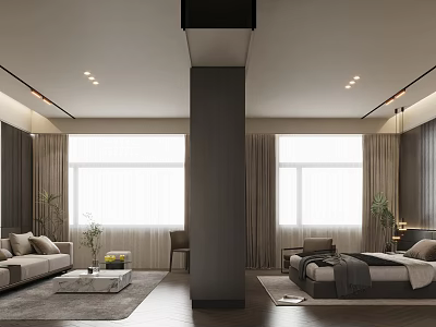 Modern Hotel Room Interior With Comfortable Bed Sofa And Large Windows 3d model