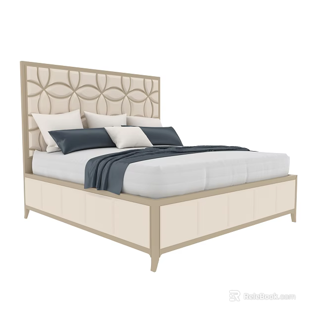 Elegant Modern Double Bed With Beige Patterned Headboard And Decorative Pillows 3d model