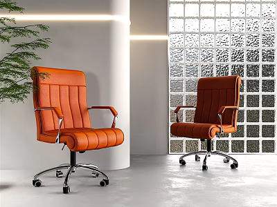 Two Orange And Brown Leather Office Chairs With Armrests And Wheels In Modern Interior 3d model