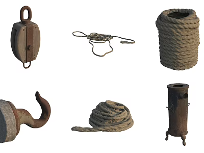 Essential Hardware Tools Including Pulley Coiled Rope Hook And Storage Container 3d model