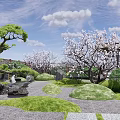 Serene Japanese Garden Showcasing Rockery Stones Cherry Blossoms And Wooden Structures