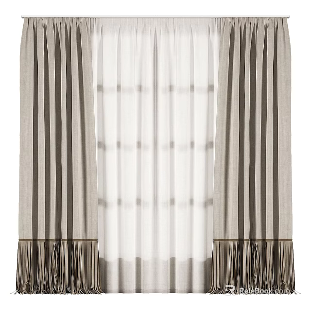 Striped Layered Curtains With White Sheer Panels And Fringe Hem For Home Decor 3d model 