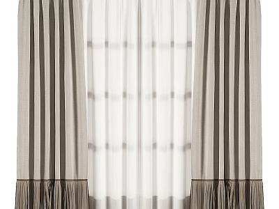 Striped Layered Curtains With White Sheer Panels And Fringe Hem For Home Decor 3d model